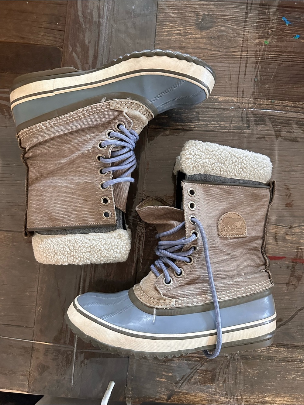 Sorel 1964 premium canvas Women's Tan and Blue Lace-Up Winter Boots